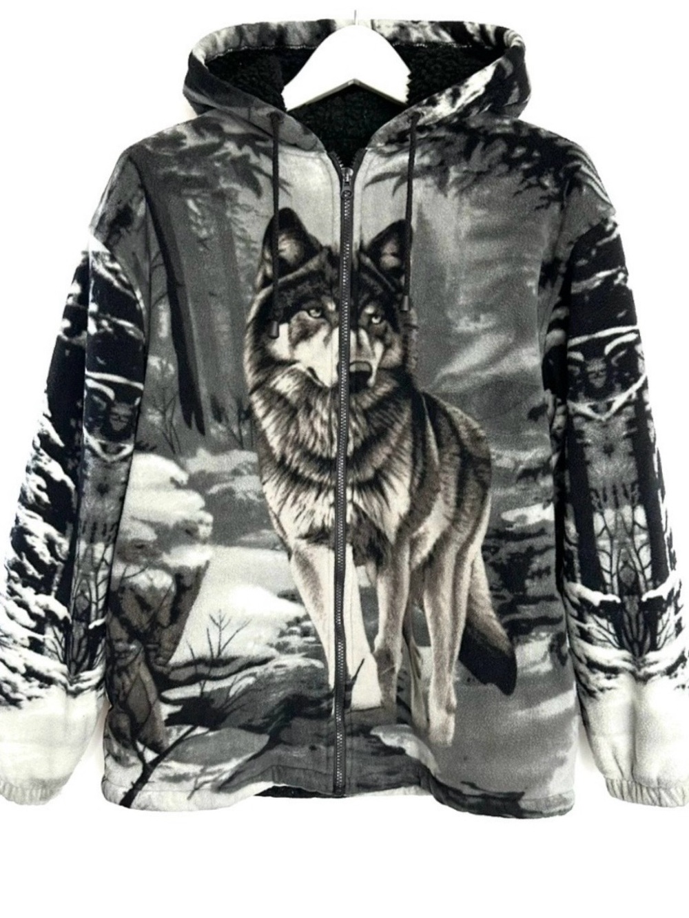 LAST-CALL⏳Chunky fleece Wolf Print Hooded Zip Jacket